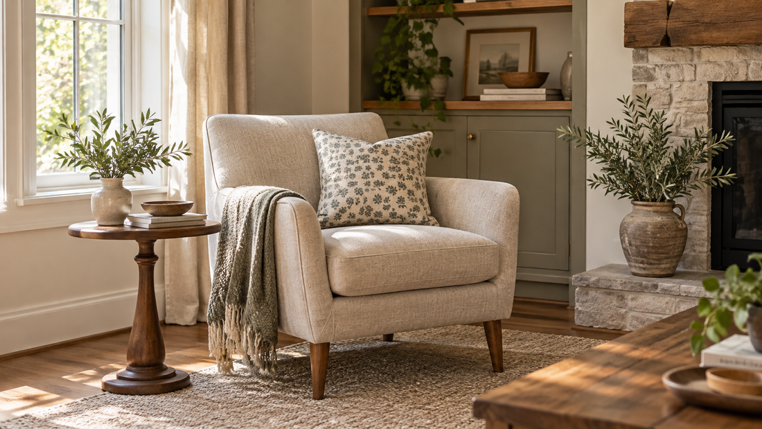 Compact oatmeal upholstered accent chair beside a small side table in a warm living room