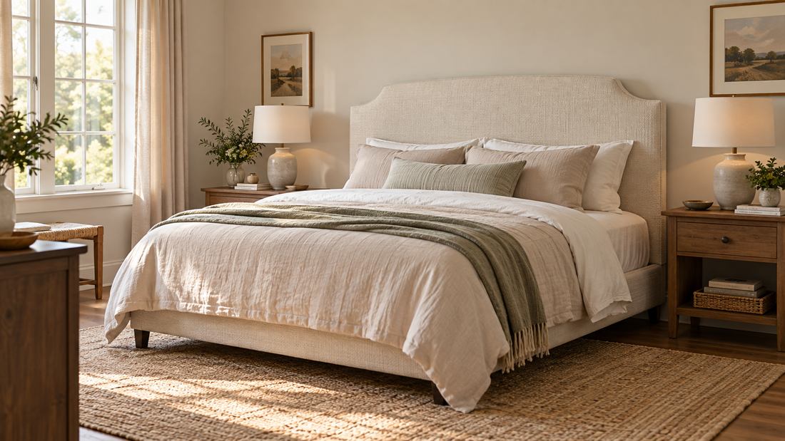 Neutral bedroom with an ivory upholstered headboard and warm wood nightstands