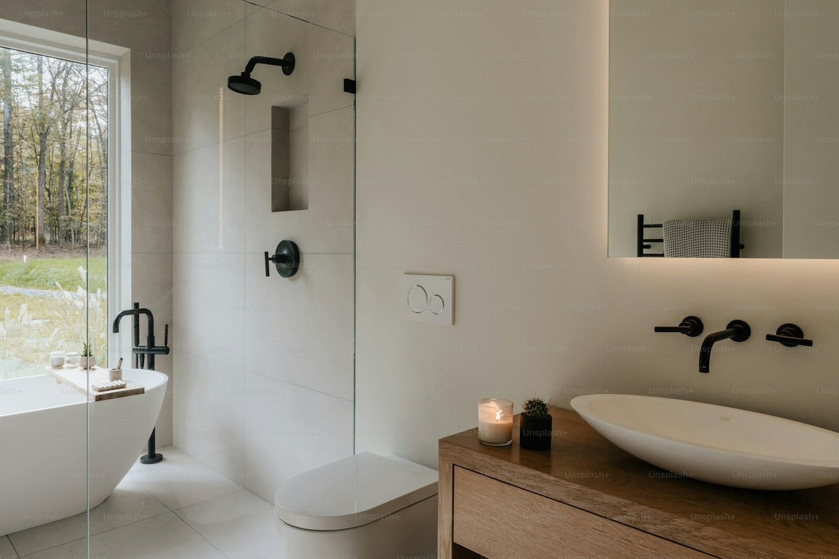 Warm bathroom interior with practical bathroom furniture