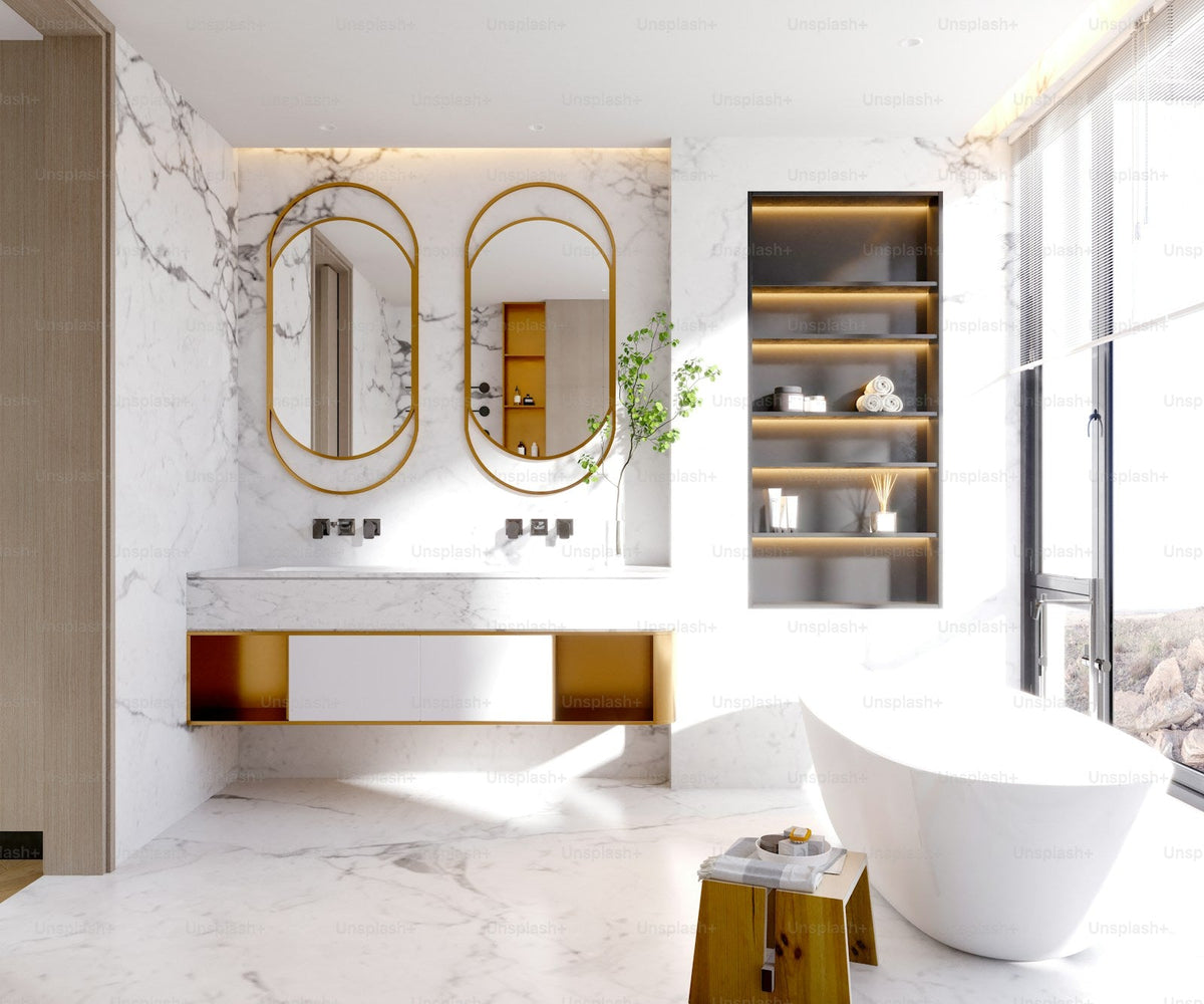 Bathroom vanity with sink, mirror and storage