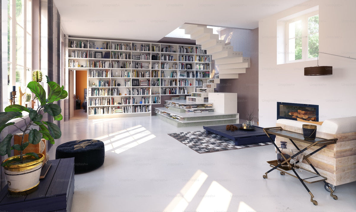 Home bookcase and shelving displayed in a warm interior