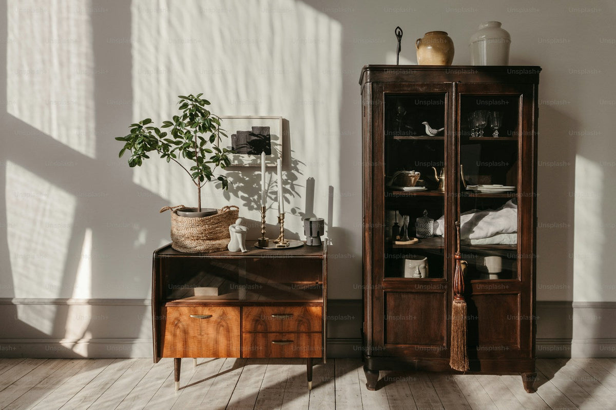 Warm wooden cabinet and cupboard in a home interior