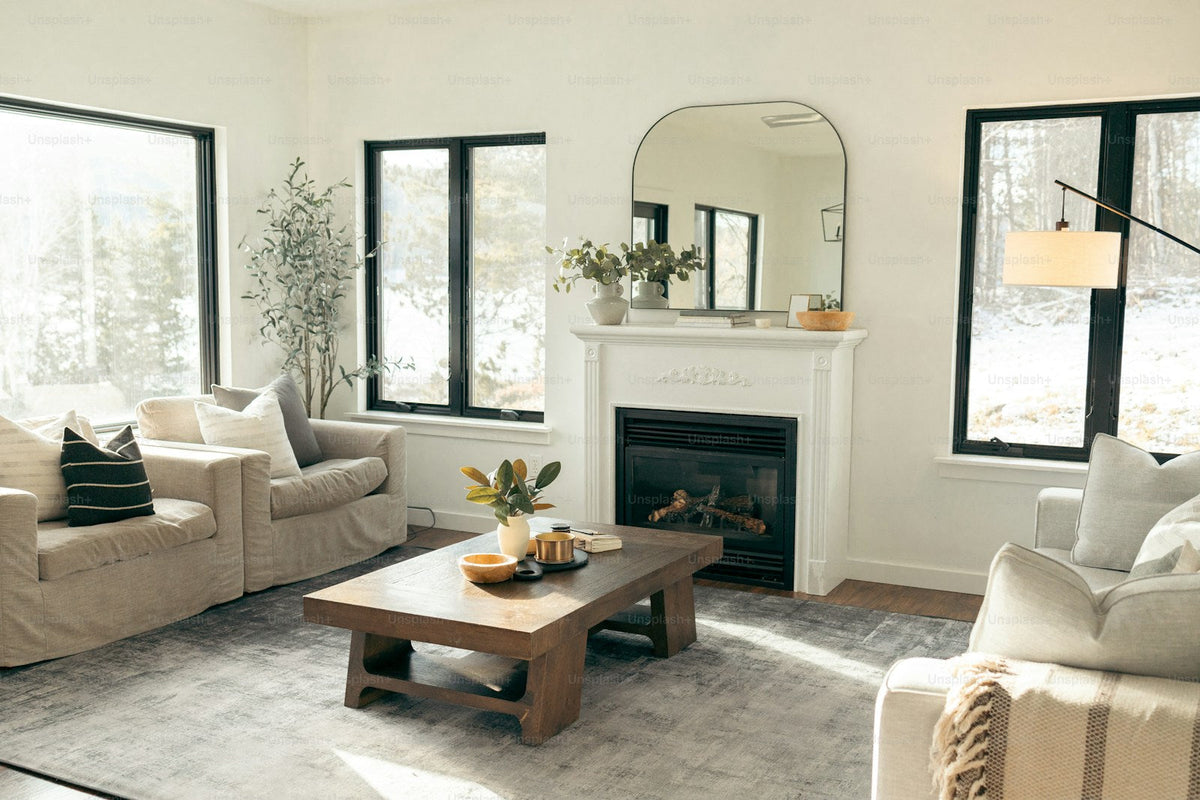 Rustic wooden coffee table in a warm living room