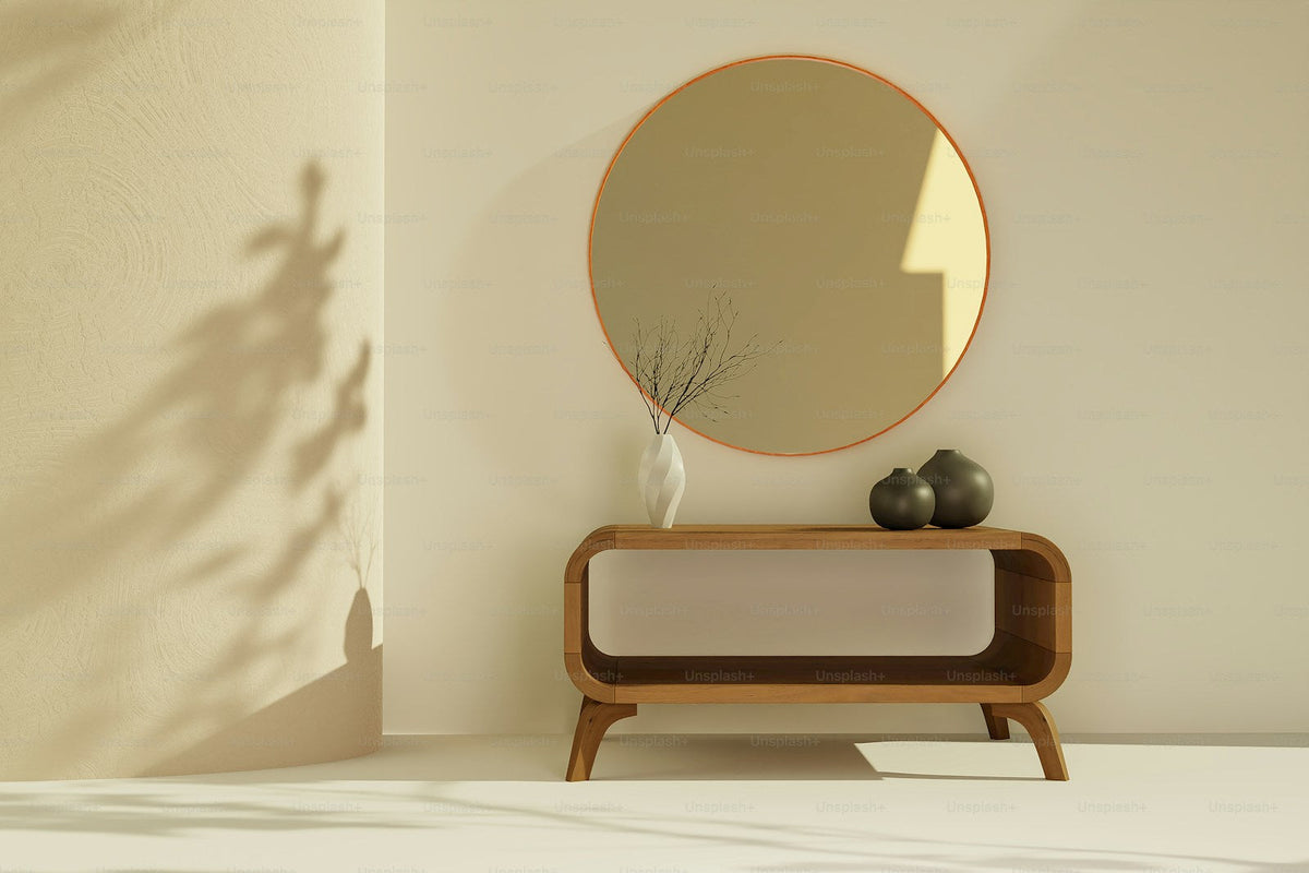 Entryway console table with mirror and simple natural decor