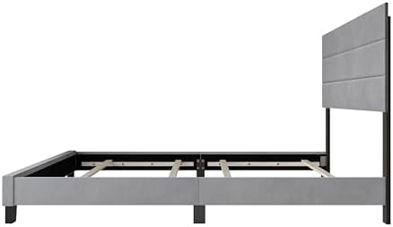 HOME DESIGN Vallejo King Size Upholstered Panel Bed Frame, Velvet Upholstery, Padded Headboard with High-Density Foam, Box Spring Required, Silver Gray