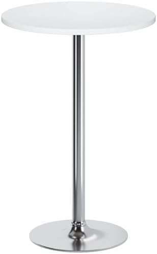 Flamaker Round Bistro Pub Table Modern Style Metal Base MDF Top Cocktail Bar Table Counter Bar Height for Pub, Dining Room, Party (1, White-Silver)