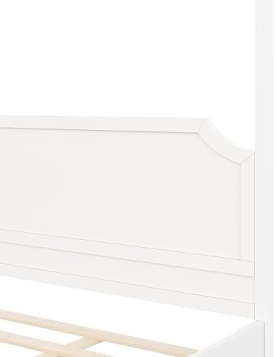 LUMISOL Queen Size Wood Canopy Platform Bed with Headboard, Vintage Four-Poster Platform Beds with Slat Support and Under-Bed Storage Space, 4 Corner Canopy Bed Post Frame, Creamy White