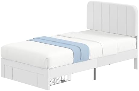 VECELO Twin Size Upholstered Bed Frame with Drawer and Headboard, Velvet Platform Storage Bedframe, Wooden Slats Support, No Box Spring Needed, White