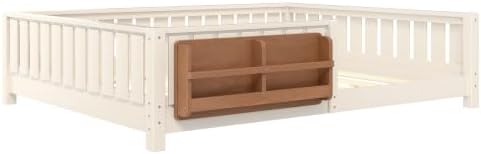 Queen Size Montessori Floor Bed with Bookshelf, Guardrail and Slats, Beige
