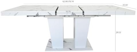 63" - 79" Extendable Dining Room Table, Expandable Kitchen Table for 6 to 10 People, Modern Wood Conference Table, Large Dining Table(Faux White Marble, Pedestal Base B)