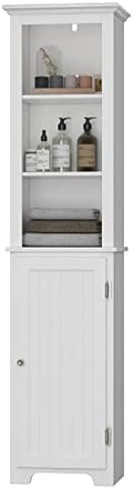 UTEX Tall Bathroom Storage Cabinet with Doors & Adjustable Shelves, White | 3 Open Shelves, 2 Adjustable Interior Shelf, Beadboard Door, FSC-Certified Wood, Anti-Tip Device, 64-Inch Tall Linen Tower