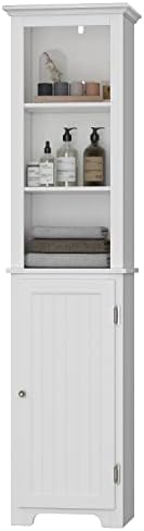 UTEX Tall Bathroom Storage Cabinet with Doors & Adjustable Shelves, White | 3 Open Shelves, 2 Adjustable Interior Shelf, Beadboard Door, FSC-Certified Wood, Anti-Tip Device, 64-Inch Tall Linen Tower