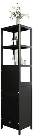Tall Slim Bamboo Storage Cabinet, Freestanding Linen Tower with Shutter Door & 3 Tier Shelves, Narrow Floor Organizer for Bathroom, Kitchen, Living Room, Laundry Room, Small Space Storage, Black