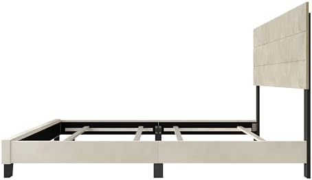 HOME DESIGN Vallejo Full Size Upholstered Panel Bed Frame, Velvet Upholstery, Padded Headboard with High-Density Foam, Box Spring Required, Beige