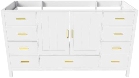 Montary 60" Modern Bathroom Vanity Base Cabinet, Solid Wood Construction | Soft-Close Double Doors & 9 Full-Extension Drawers(Basin & Top Not Included),White