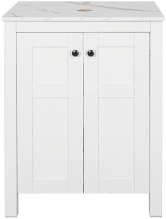 24" White Bathroom Vanity with Marble Texture Top, Traditional Standing Pedestal Cabinet Without Sink
