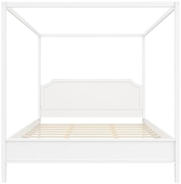 LUMISOL Queen Size Wood Canopy Platform Bed with Headboard, Vintage Four-Poster Platform Beds with Slat Support and Under-Bed Storage Space, 4 Corner Canopy Bed Post Frame, Creamy White