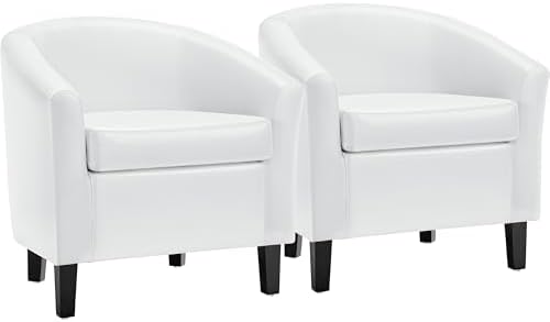 Yaheetech Accent Chairs Set of 2, Faux Leather Barrel Armchairs White