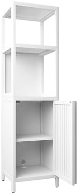 GDFStudio 52" Tall White Bamboo Storage Cabinet, Slim Freestanding Linen Tower with Open Shelves & Door Cabinet, Narrow Floor Organizer for Bathroom, Bedroom, Living Room, Kitchen