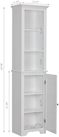 UTEX Tall Bathroom Storage Cabinet with Doors & Adjustable Shelves, White | 3 Open Shelves, 2 Adjustable Interior Shelf, Beadboard Door, FSC-Certified Wood, Anti-Tip Device, 64-Inch Tall Linen Tower