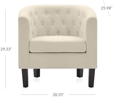 BELLEZE Accent Barrel Arm Chair, Modern Comfy Upholstered Tufted Club Chair with Sturdy Legs and Linen Fabric for Bedroom Living Room - White
