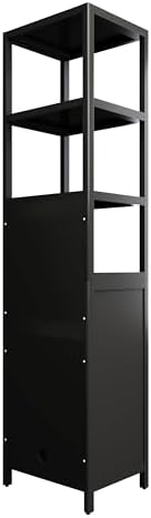 Tall Slim Bamboo Storage Cabinet, Freestanding Linen Tower with Shutter Door & 3 Tier Shelves, Narrow Floor Organizer for Bathroom, Kitchen, Living Room, Laundry Room, Small Space Storage, Black