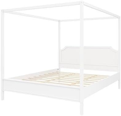 LUMISOL Queen Size Wood Canopy Platform Bed with Headboard, Vintage Four-Poster Platform Beds with Slat Support and Under-Bed Storage Space, 4 Corner Canopy Bed Post Frame, Creamy White
