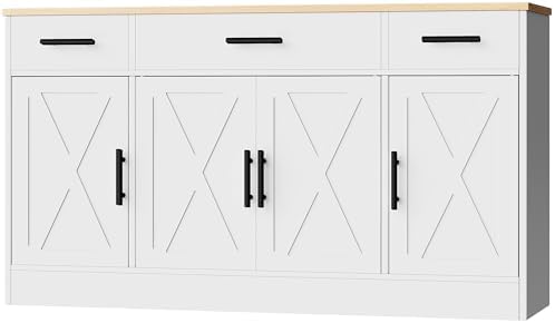 Shintenchi Buffet Cabinet with Storage,53.4" Large Kitchen Storage Cabinet with 3 Drawers and 4 Doors,Wood Farmhouse Buffet Sideboard with Adjustable Shelf for Kitchen Living Room, White