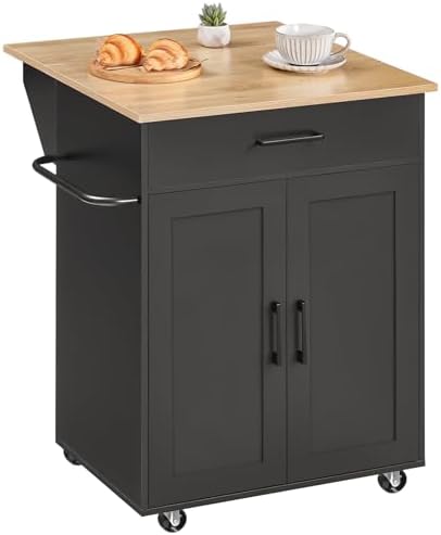 MAHANCRIS Kitchen Island on Wheels with Drop Leaf, Folding Countertop Kitchen Island Cart, Kitchen Islands Table with Towel Rack, Drawer, for Kitchen, Dining Room, Black and Natural KINB12501