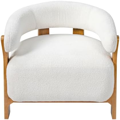 Merax 28.7'' Mid-Century Modern Boucle Accent Chair with Solid Wood Frame, Curved Arm Barrel Chair Upholstered Boucle Fabric Lounge Chair for Living Room, Bedroom & Office, Off-White + Natural