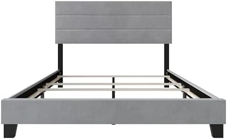 HOME DESIGN Vallejo King Size Upholstered Panel Bed Frame, Velvet Upholstery, Padded Headboard with High-Density Foam, Box Spring Required, Silver Gray