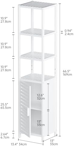 HITNET Bathroom Tall Cabinet, Floor Standing Bamboo Storage Cabinet with 6 Shelves and Shutter Door for Kitchen Living Room, White