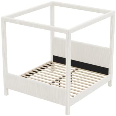 Queen Size Canopy Bed with Upholstered Headboard & Footboard, Beige