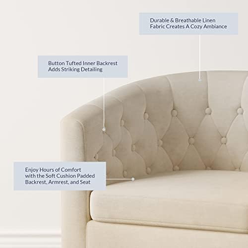 BELLEZE Accent Barrel Arm Chair, Modern Comfy Upholstered Tufted Club Chair with Sturdy Legs and Linen Fabric for Bedroom Living Room - White