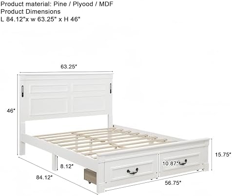 Queen Size Bed Frame with 2 Storage Drawers & Tall-Panel Headboard and Footboard, White Wood Platform Storage Bed Built-in LED Lights, USB Charging Station, No Box Spring Required, Noise-Free