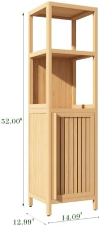 GDFStudio 52" Tall Bamboo Storage Cabinet, Freestanding Floor Linen Tower with Shelves and Door, Slim Bathroom Organizer for Living Room, Bedroom, Kitchen, Pantry, Space Saving Storage Furniture