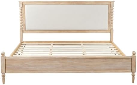 Merax King Size Solid Wood Platform Bed Frame, Upholstered Headboard & Classic Spindle & with Fabric Panel, No Box Spring Needed, 500 lbs Capacity Timeless Traditional for Bedroom, Natural