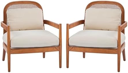 Christopher Knight Home Nadine Accent Chairs Set of 2, Wooden Club Chair, Rattan Open Back Armchair, Accent Reading Sofa Chair with Cushions, Club Chairs Set of 2 for Living Room Bedroom, Beige+Teak
