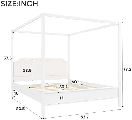 LUMISOL Queen Size Wood Canopy Platform Bed with Headboard, Vintage Four-Poster Platform Beds with Slat Support and Under-Bed Storage Space, 4 Corner Canopy Bed Post Frame, Creamy White