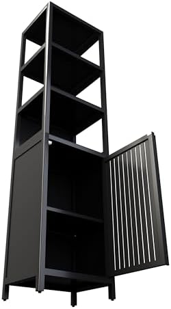 Tall Slim Bamboo Storage Cabinet, Freestanding Linen Tower with Shutter Door & 3 Tier Shelves, Narrow Floor Organizer for Bathroom, Kitchen, Living Room, Laundry Room, Small Space Storage, Black