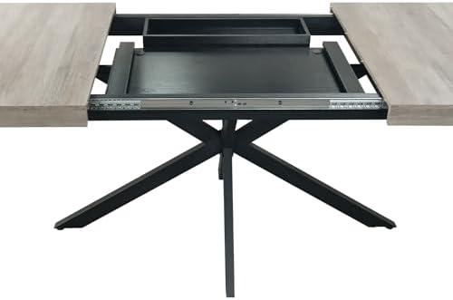 Extendable Dining Table for 4-6 People, 55" to 71" Expandable Table with Hidden Storage Drawer and Black Metal Base, Modern Rectangular Kitchen Dining Table, Grey & Black