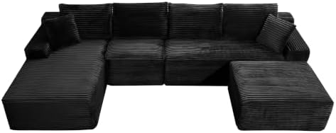 135-Inch U-Shaped Compressed Cloud Sofa Modular Boneless Cloud Sectional Sofa W/Left Facing Chaise Lounger and Ottoman, Oversized Plush Corduroy Corner Boneless Foam Couches