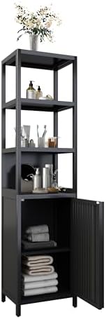 Tall Slim Bamboo Storage Cabinet, Freestanding Linen Tower with Shutter Door & 3 Tier Shelves, Narrow Floor Organizer for Bathroom, Kitchen, Living Room, Laundry Room, Small Space Storage, Black