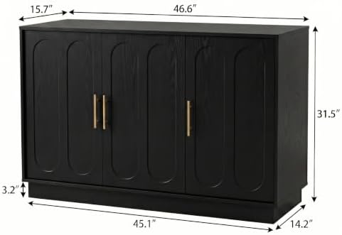 holzart 46.6" Modern Farmhouse 3 Door Storage Cabinet, Black Sideboard Buffet with Gold Handles, Large Fluted Wood Credenza for Dining Room, Living Room, Coffee Bar