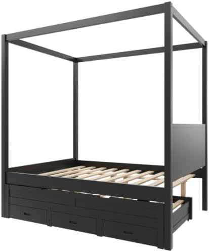 SANOFI Full Size Wood Canopy Bed with Twin Size Trundle, Black