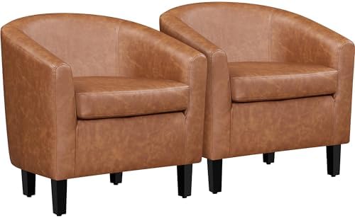 Yaheetech Accent Chairs Set of 2, Faux Leather Barrel Armchairs Brown