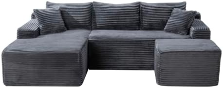 106-Inch Oversized U-Shaped Left Facing Corner Compressed Sofa Modular Boneless Cloud Sectional Sofa Floor Foam Couch W/Chaise & Ottoman, Corduroy Corner Boneless Cloud Couch