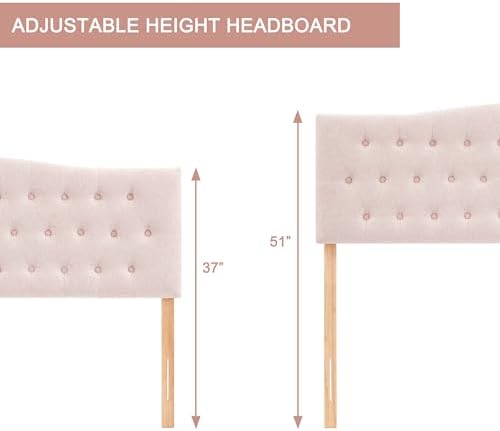 Tufted Headboard Full Size, Solid Wood Adjustable Height Head Board, Pink