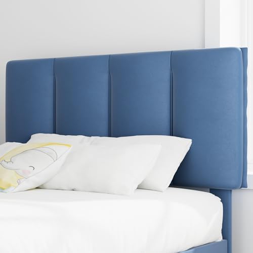 VECELO Twin Size Bed Frame with Upholstered Headboard, Dark Blue