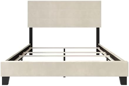 HOME DESIGN Vallejo Full Size Upholstered Panel Bed Frame, Velvet Upholstery, Padded Headboard with High-Density Foam, Box Spring Required, Beige
